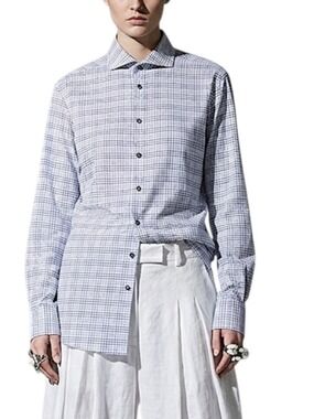 Scandinavian minimalist oversize blue white check button down long sleeve shirt